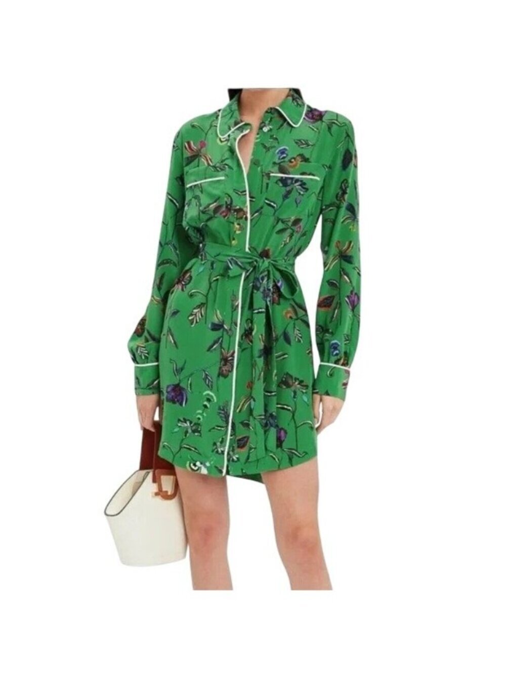 Derek Lam 10 Crosby Emerald Green Floral Button Down Silk Dress  Size 0 Womens